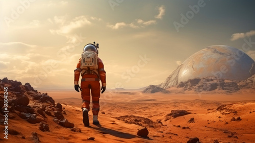 Astronaut walking on Mars with copy space. Sci-fi outer space scence. Generative Ai. © Kosal