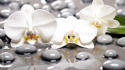 Close up white orchid with stone water drops.