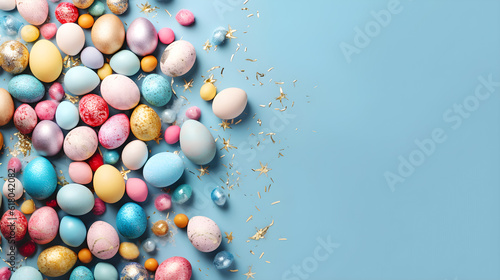 different color of ester egg on light blue background top view created with Generative AI 
