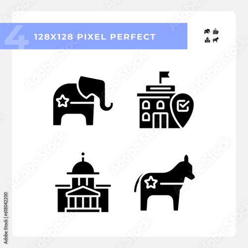 Pixel perfect set of glyph style icons representing voting and political parties, flat design politics and election signs.