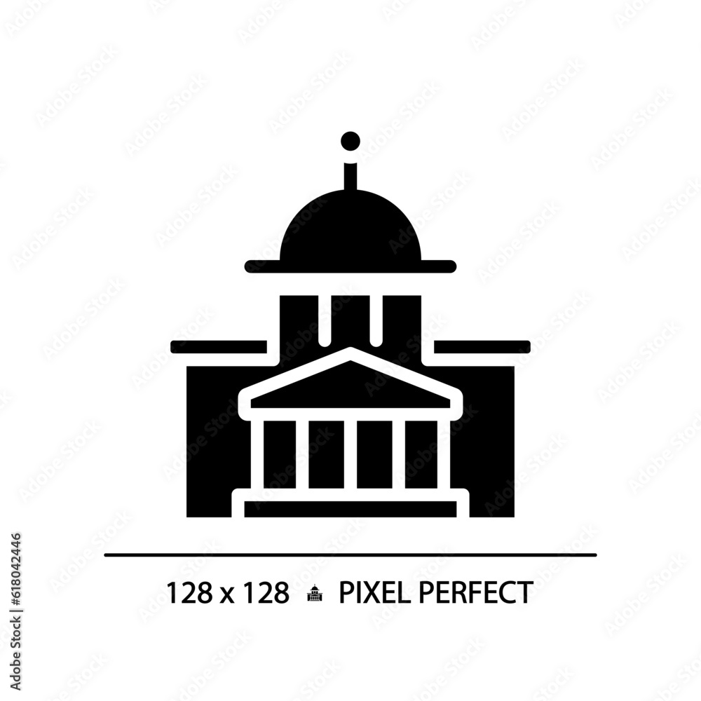 2D pixel perfect flat design glyph style icon of government building, Isolated symbol.