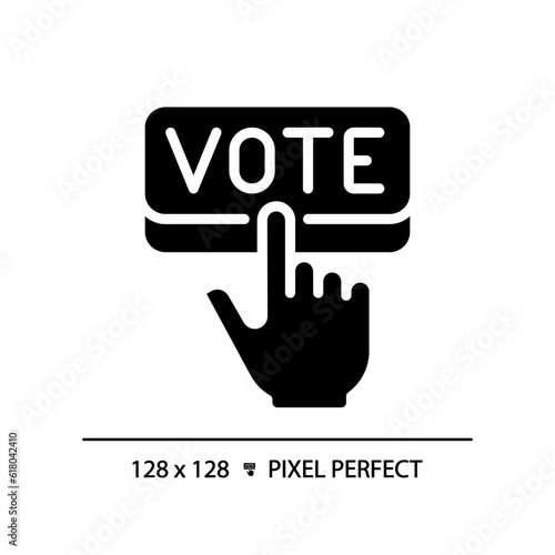 Pixel perfect glyph style icon of hand pressing vote, vector illustration representing voting, flat design election sign.