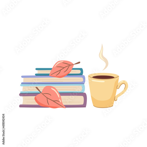 Books and mug. Autumn mood. Hand drawn vector illustration for stickers, icons, postcards.