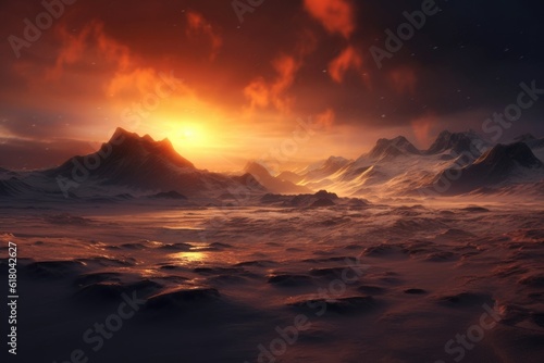 Fantasy winter landscape with tree and river at sunset. Generated AI