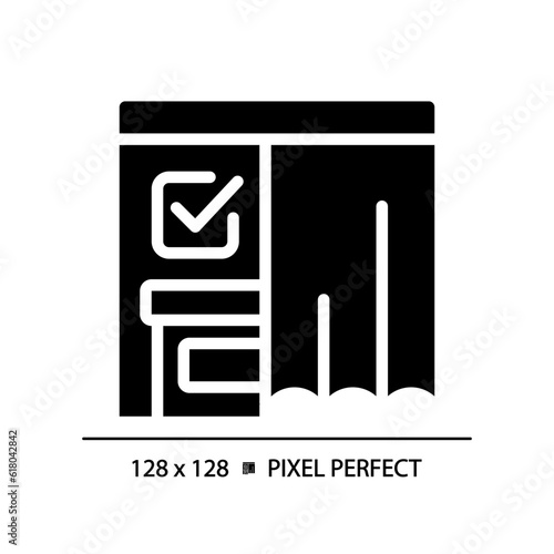 2D pixel perfect glyph style icon of voting booth with curtain and checkmark sign, isolated vector illustration, flat design election sign.