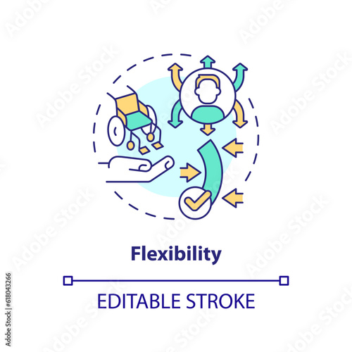 Flexibility concept icon. Equal access. Diverse people. Inclusive workplace. Continuous improvement. Quick change abstract idea thin line illustration. Isolated outline drawing. Editable stroke