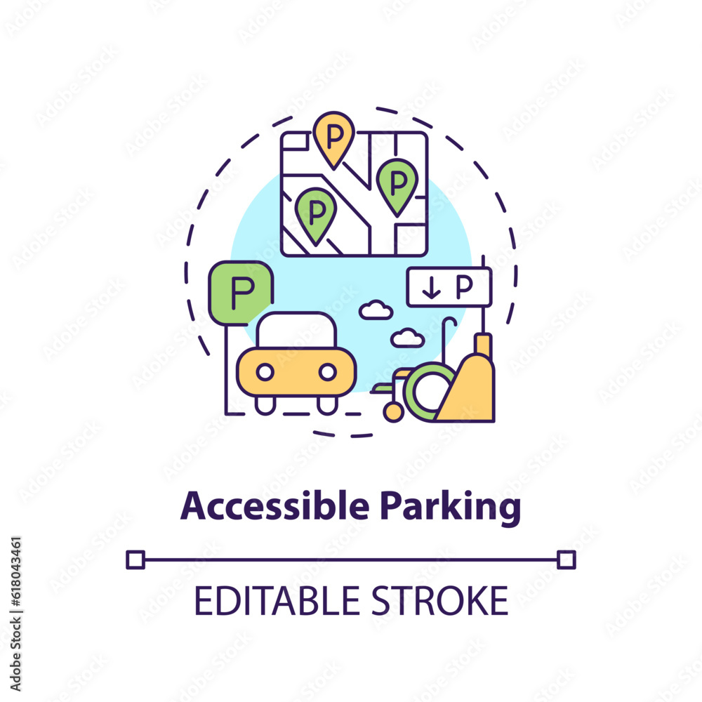 Accessible parking concept icon. Wheelchair transport. Disability support. Barrier free. Reserved parking abstract idea thin line illustration. Isolated outline drawing. Editable stroke