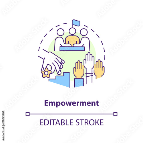 Empowerment concept icon. Decision making. Social justice. Equal access. System change. Community gathering abstract idea thin line illustration. Isolated outline drawing. Editable stroke