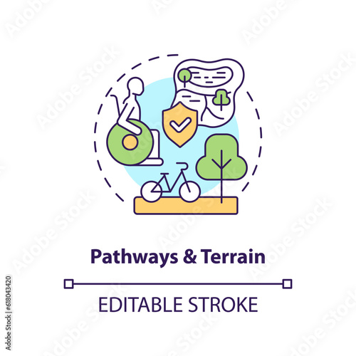 Pathways and terrain concept icon. Wheelchair access. Mobility aid. No barrier. Safe environment. Outdoor space abstract idea thin line illustration. Isolated outline drawing. Editable stroke