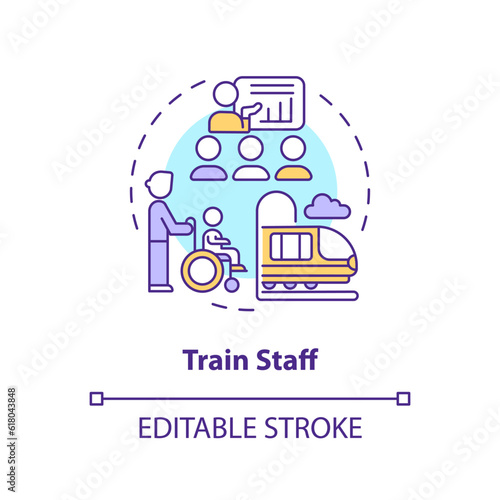 Train staff concept icon. Cultural sensitivity. Disability assistance. Travel experience. Customer service abstract idea thin line illustration. Isolated outline drawing. Editable stroke