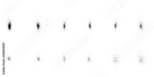 Grainy Brush Splash Set. Dirty Spray Paint Texture Collection. Halftone Stain Pattern. Grunge Ink Splatter. Abstract Design Element. Black Noise Effect. Isolated Vector Illustration