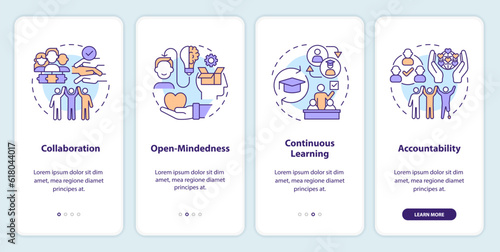 Inclusion principles onboarding mobile app screen. Action oriented walkthrough 4 steps editable graphic instructions with linear concepts. UI, UX, GUI template. Myriad Pro-Bold, Regular fonts used
