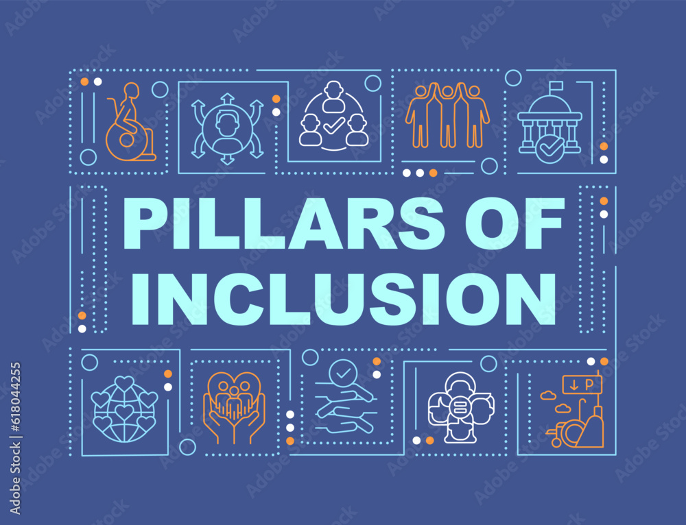 Pillars of inclusion word concepts dark blue banner. Social justice. Infographics with editable icons on color background. Isolated typography. Vector illustration with text. Arial-Black font used