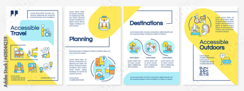 Accessible travel blue and yellow brochure template. Barrier free. Leaflet design with linear icons. Editable 4 vector layouts for presentation, annual reports. Questrial, Lato-Regular fonts used