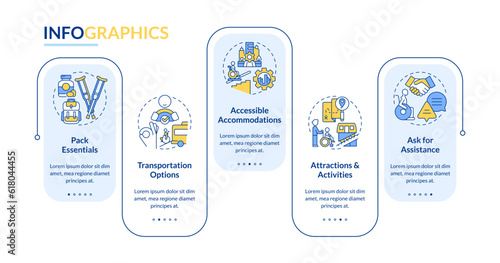 Accessible travel tips rectangle infographic template. Road trip. Data visualization with 5 steps. Editable timeline info chart. Workflow layout with line icons. Lato-Bold, Regular fonts used