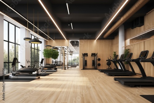 Modern light gym. Sports equipment in gym. AI generated © dark_blade