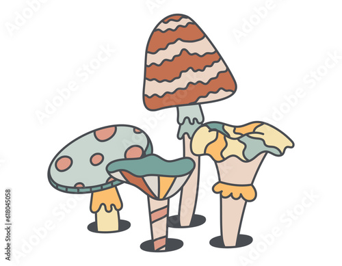 Psychedelic doodle hallucinogenic poisonous mushrooms. Vector isolated retro hippie illustration in groovy style.