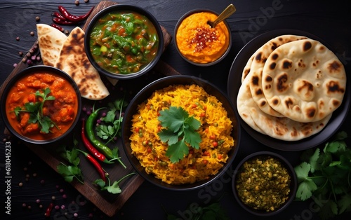 Assorted various Indian food on a dark rustic background. Traditional Indian dishes Chicken tikka masala  palak paneer  saffron rice  lentil soup  pita bread and spices.
