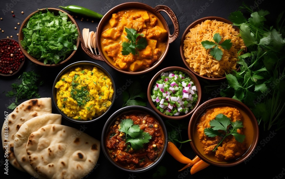 Assorted various Indian food on a dark rustic background. Traditional Indian dishes Chicken tikka masala, palak paneer, saffron rice, lentil soup, pita bread and spices.