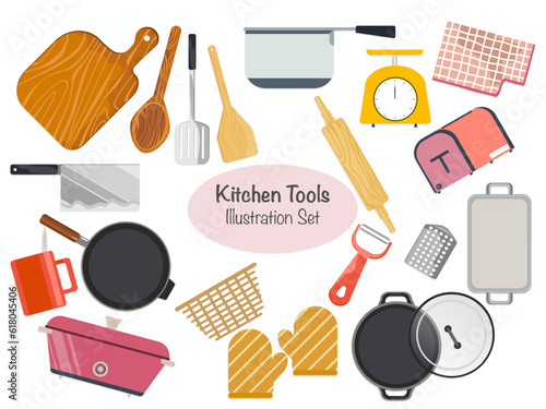 Set of kitchen utensils, kitchen tools, appliances, graphic elements, objects for web, banner, web, infographic, flat design concept, vector illustration.