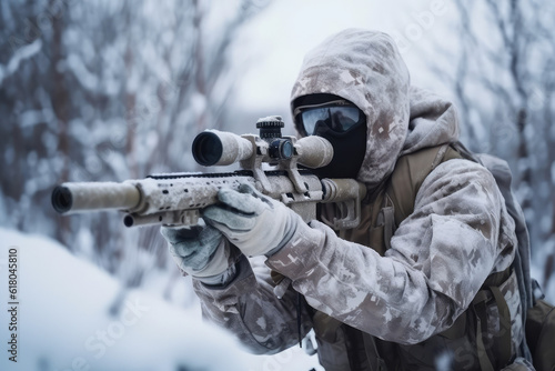 Army sniper aims through the telescopic sight. Army sniper with large-caliber sniper rifle seeking killing enemy, generative AI