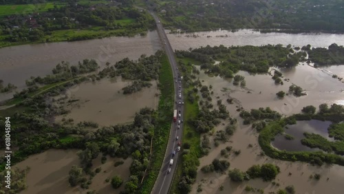 Flooded fields and groves, aerial view.