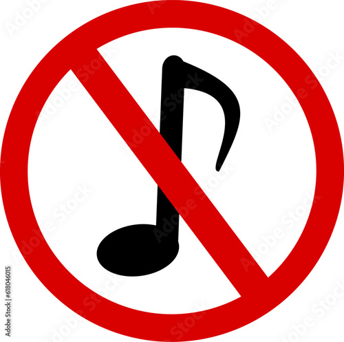 No music sound. Red circular forbidden vector illustration with music note icon inside. Prohibition of sounding musical notes. No loud sound symbol. Interchangeable vector design.