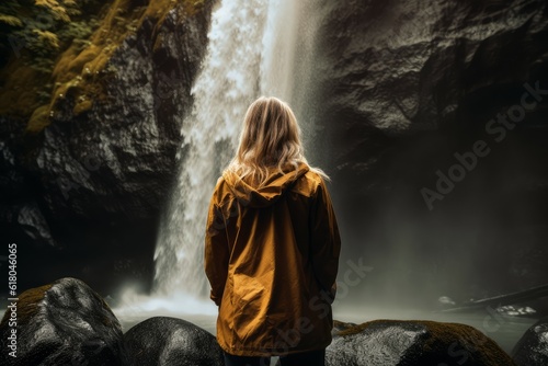Woman waterfall nature. Generate Ai