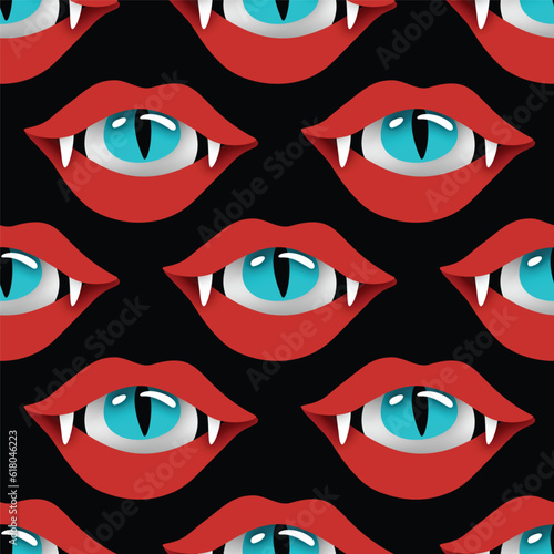 Seamless Pattern with Psyhodelical Print with Vampire Vibes, Eye in the Mouth. Surreal Design on Black. Pop Art Cartoon Style with Stains. Endless Texture. Vector 3d Illustration
