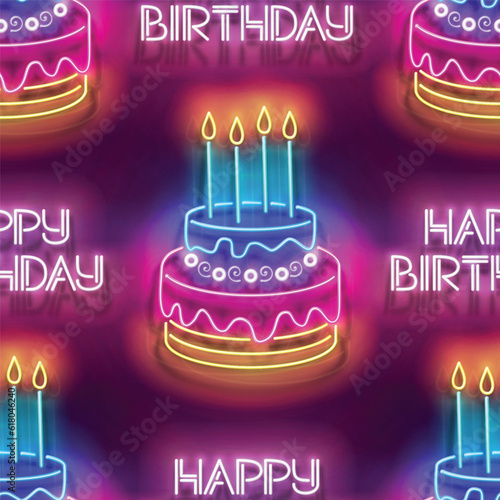 Seamless pattern with glow glow Holiday Cake with Candles and Inscription. Happy Birthday and Holiday Party Mood. Neon Light Texture, Signboard. Glossy Background. Vector 3d Illustration