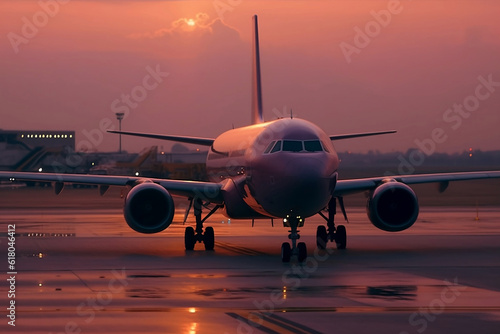 airplane landing at sunset. 