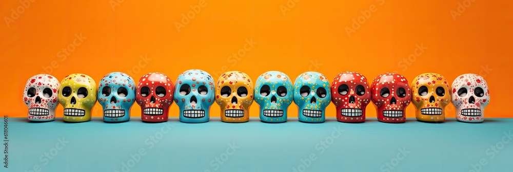 Bunte, mexikanische Keramik Sugar Skull Totenschädel in einer Reihe auf türkis und orange farbigem Hintergrund im Banner Format, Generative AI