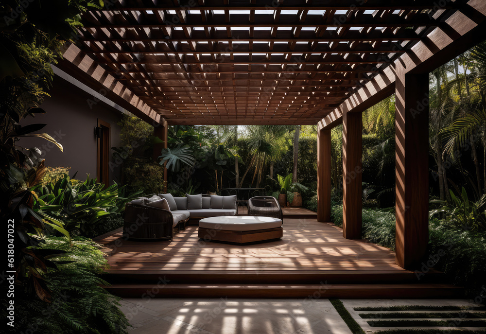 the patio of luxury house with wooden pergola, generative AI