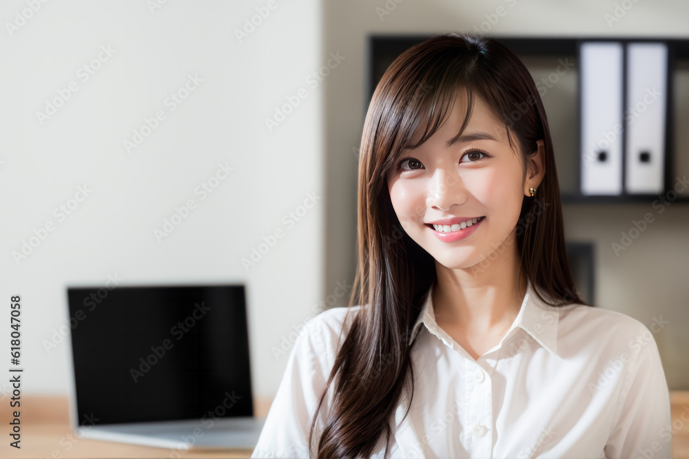 笑顔で仕事をするOL・日本人の女性社員(美人モデル) 笑顔で仕事をするOL・日本人の女性社員(美人モデル)
