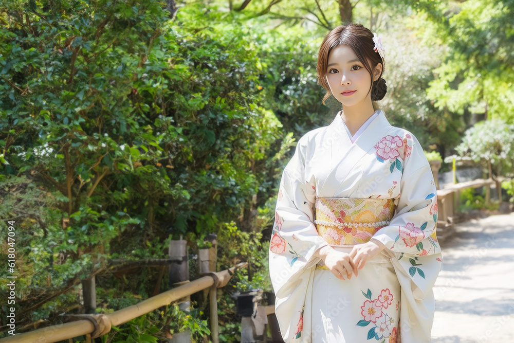 屋外を歩く着物・振袖の日本人女性(美人モデル) 