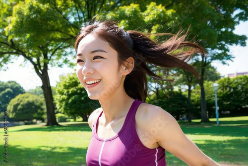 笑顔でジョギングをする日本人女性(美人モデル)