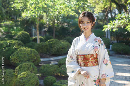 屋外を歩く着物・振袖の日本人女性(美人モデル) 