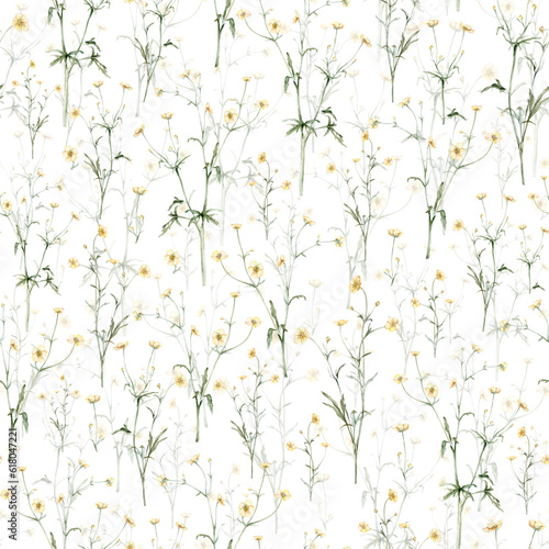 seamless pattern of yellow flower meadow buttercup known as Ranunculus acris, sitfast, spearworts or water crowfoots. Watercolor hand drawn painting illustration isolated on white background © Ekatmart