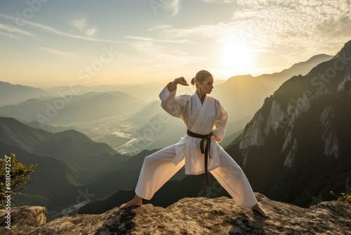 Woman practicing martial arts on the top of a mountain. Generative AI photo