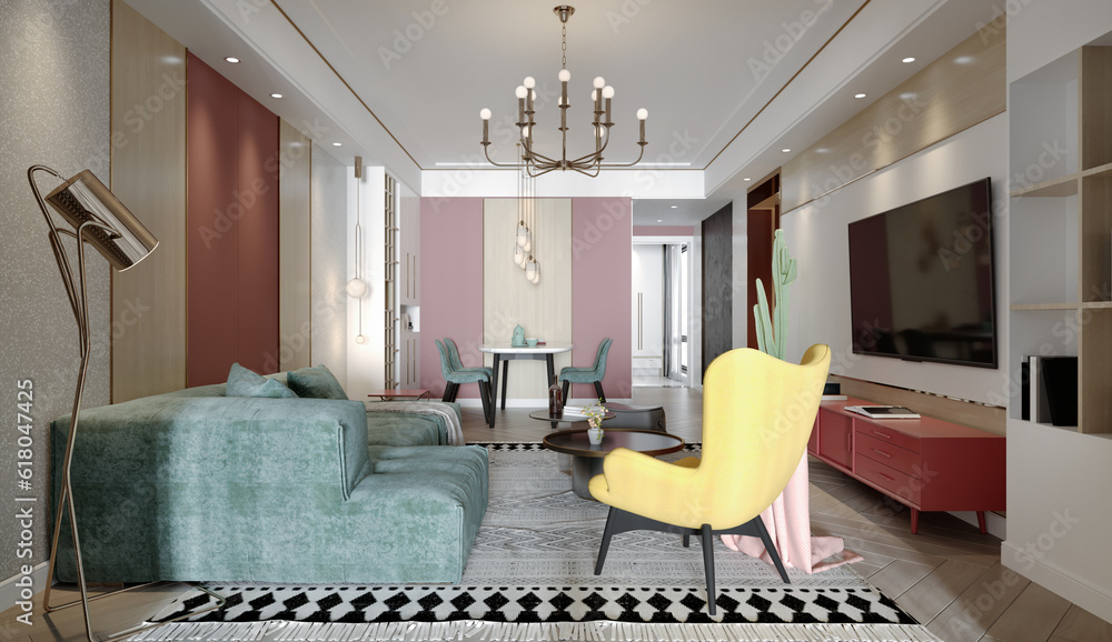 Fototapeta premium Contemporary style living room interior decorated with green wall. 3D illustration