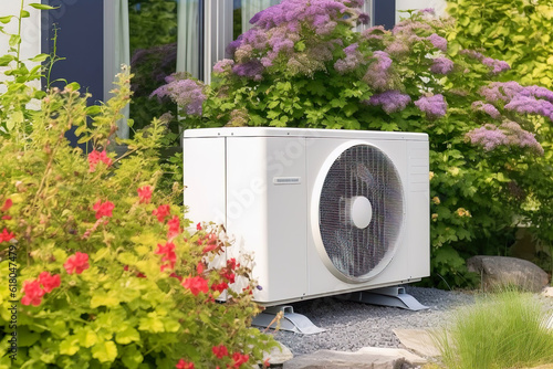 Heatpump Experience Ultimate Comfort and Energy Efficiency with a Stylish Heat Pump in the Serene Surroundings of a Lush Garden Oasis on a Sunny Summer Morning © Ben