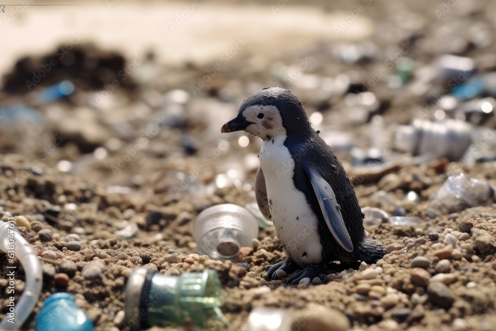 Naklejka premium Sad penguin on garbage dumb, polution with plastics, . Generative Ai.