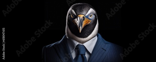 Panorama of boss penguin in dark blue suit on black background. Generative Ai.