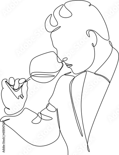 Man in a shirt drinks a wine drink from a glass - one line drawing. a taster or wine lover sips wine from a glass in an informal setting
