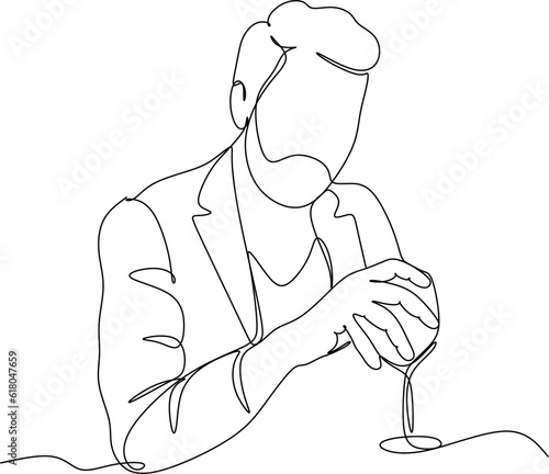 Man in a shirt drinks a wine drink from a glass - one line drawing. a taster or wine lover sips wine from a glass in an informal setting