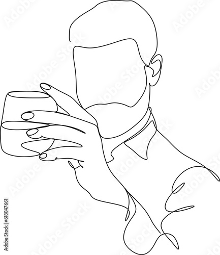 Man in a shirt drinks a wine drink from a glass - one line drawing. a taster or wine lover sips wine from a glass in an informal setting