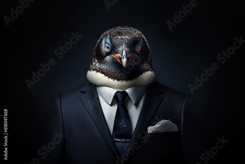 Portrait of boss penguin in dark blue suit on black background.  Generative Ai.