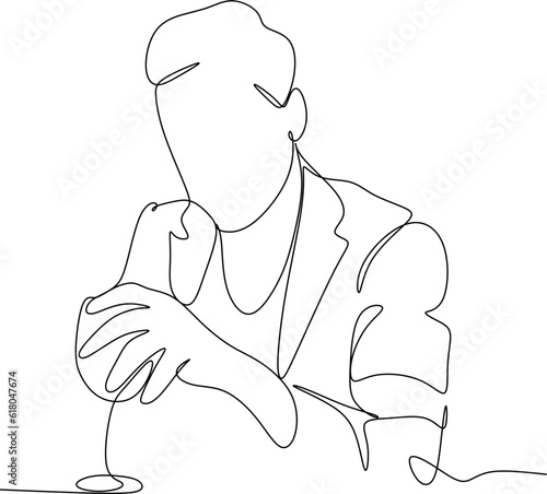 Man in a shirt drinks a wine drink from a glass - one line drawing. a taster or wine lover sips wine from a glass in an informal setting
