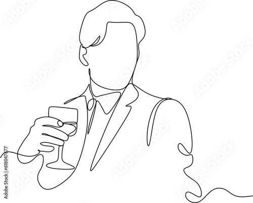 Man in a shirt drinks a wine drink from a glass - one line drawing. a taster or wine lover sips wine from a glass in an informal setting