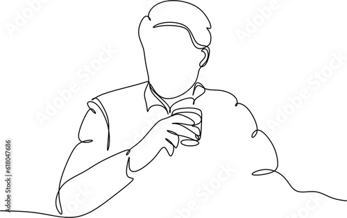 Man in a shirt drinks a wine drink from a glass - one line drawing. a taster or wine lover sips wine from a glass in an informal setting